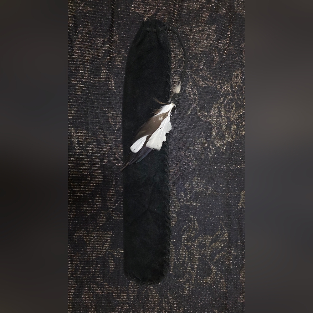 Handmade Black Drawstring Suede Bag with White and Brown Feather Accents